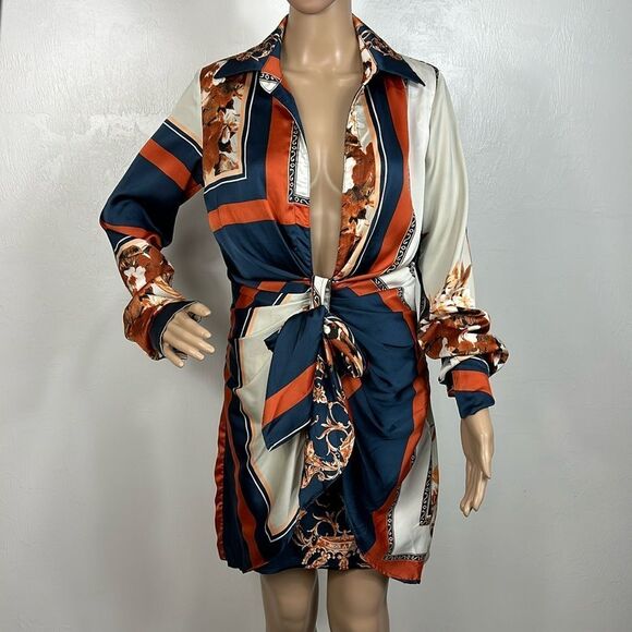 AKIRA Long Sleeves Collared Satin Tie Front Mini Tunic Dress Size S - Picture 2 of 13